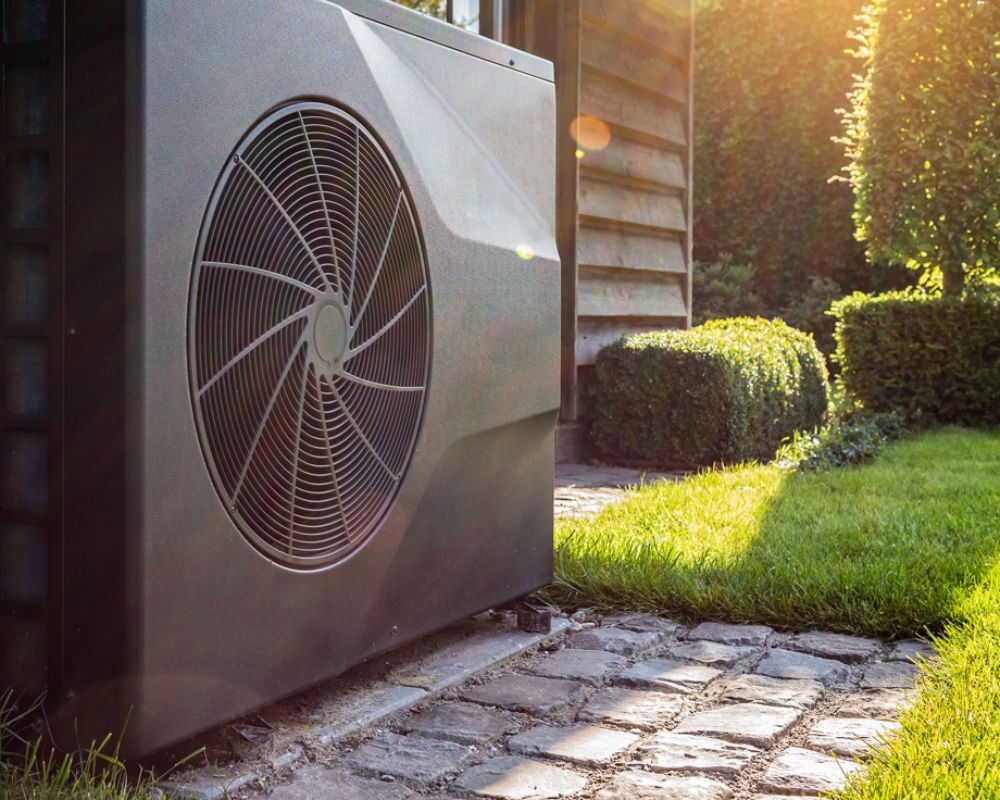 Luftwärmepumpe an Haus mit Garten Luftwärmepumpe an Haus mit Garten